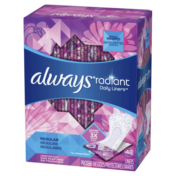 Always Radiant Daily Liners Unscented Regular - 48ct/6pk