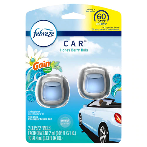 Febreze Car Odor - Eliminating Air Freshener Vent Clips with Gain SCent, Honey Berry Hula - 2ct/0.13oz/8pk