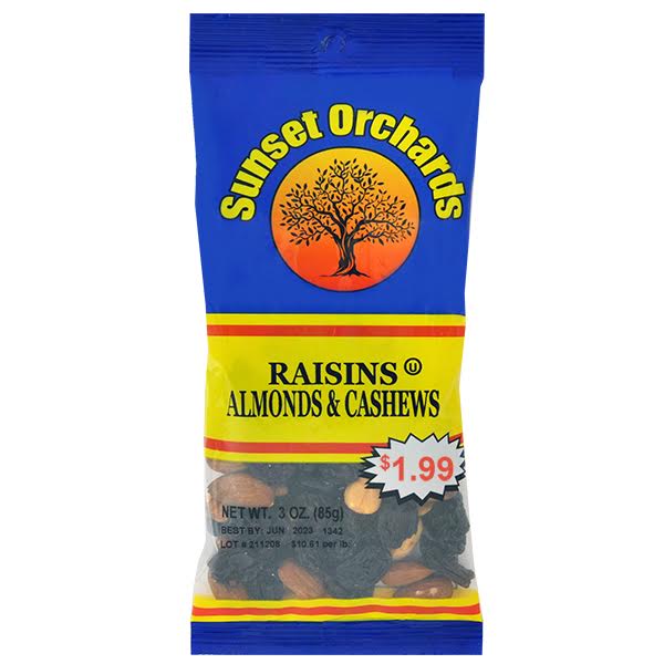 Sunset Orchards Raisins Almonds & Cashews - 3oz/12pk