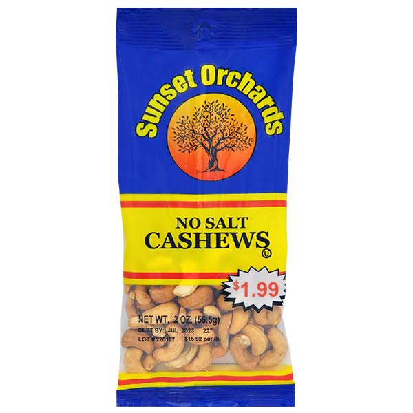 Sunset Orchards No Salt Cashews - 2oz/12pk