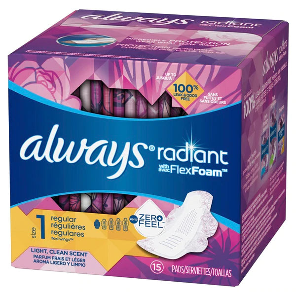 Always Radiant Flex Foam Regular Size 1 Light Clean Scent w/Wings - 15ct/12pk