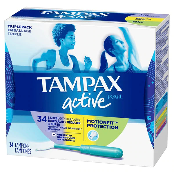 Tampax Pearl Active Tampons Triple-Pack Light Regular Unscented - 34ct/6pk