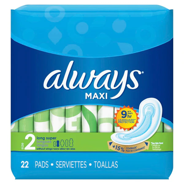 Always Maxi Long Super Pads Non-Wings Unscented Size 2 - 22ct/12pk