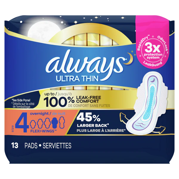 Always Ultra Thin Pads Size 4 Overnight Absorbency Unscented w/Wings - 13ct/6pk