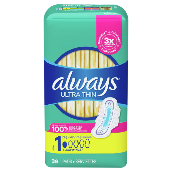 Always Ultra Thin Pads Size 1 Regular Absorbency Unscented - 36ct/6pk