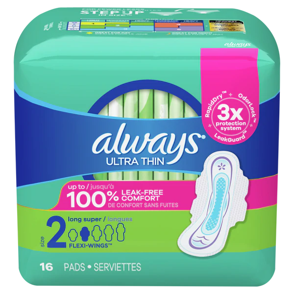 Always Ultra Thin Pads Size 2 Long Absorbency Unscented w/Wings - 16ct/6pk