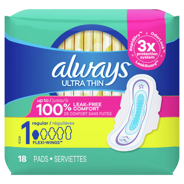 Always Ultra Thin Pads Size 1 Regular Absorbency Unscented w/ Wings - 18ct/12pk