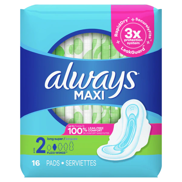 Always Maxi Pads Size 2 Long Super Absorbency Unscented w/Wings - 16ct/12pk