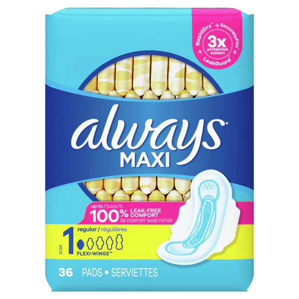 Always Maxi Pads Size 1 Regular Super Absorbency Unscented w/Wings - 36ct/6pk