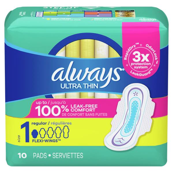 Always Ultra Thin Pads Size 1 Regular Absorbency Unscented w/Wings - 10ct/12pk