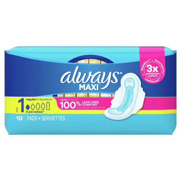 Always Maxi Pads Size 1 Regular Super Absorbency Unscented w/Wings - 10ct/12pk