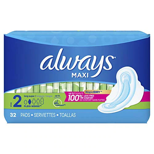 Always Maxi Size 2 Feminine Pads w/ Wings, Long, Super Absorbency - 32ct/6pk