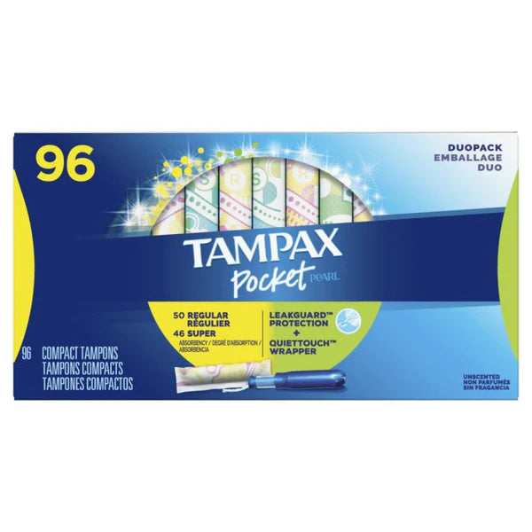 TAMPAX Pocket Pearl Duopack (Regular/Super) Plastic Tampons Unscented - 96ct/1pk