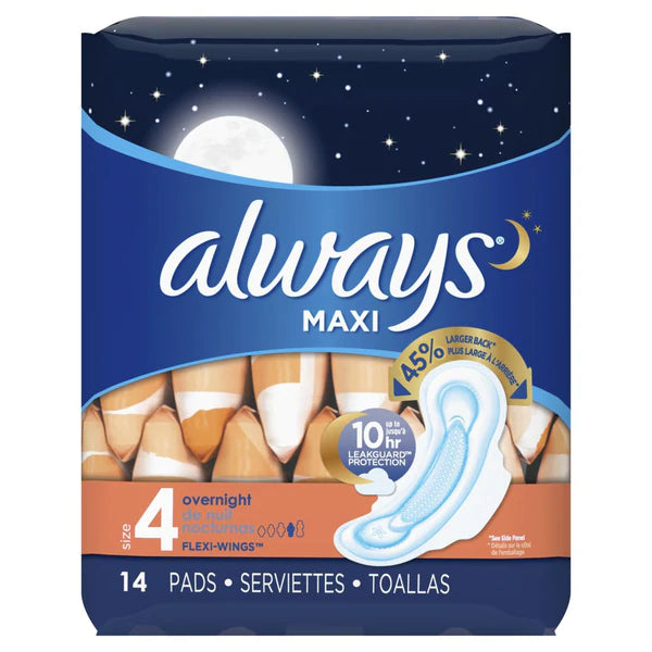 Always Maxi Overnight Pads w/ Wings Unscented Size 4 - 14ct/12pk