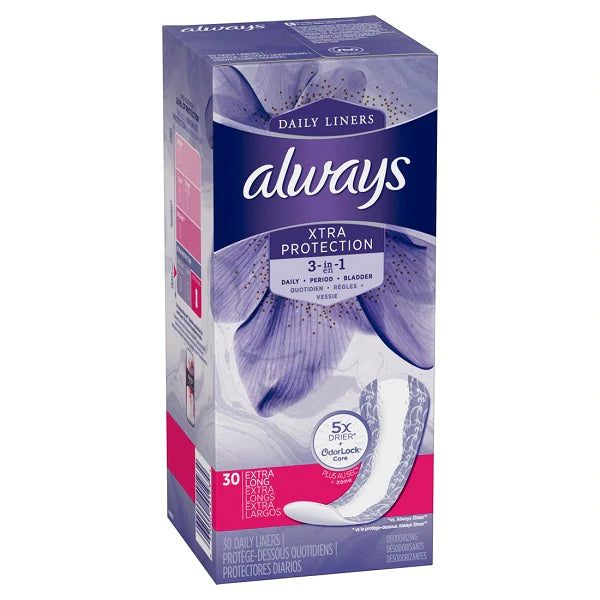 Always Xtra Protection 3-in-1 Daily Liners Extra Long - 30ct/12pk