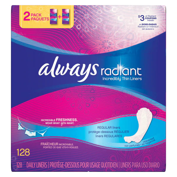 Always Pantiliner FlexiRadiant Thin Unsc - 128ct/4pk