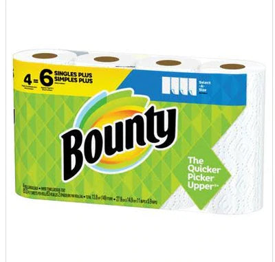 Bounty Select-A-Size Paper Towels, 4 = 6 White Single Plus Rolls - 4ct/6pk