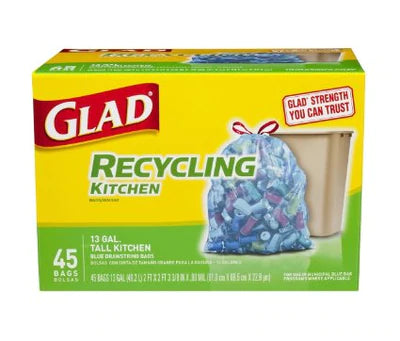 Glad Recycling Tall Kitchen Drawstring Translucent Blue 13 Gallon - 45ct/4pk