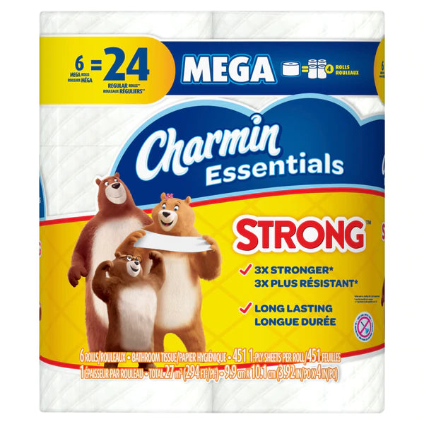 Charmin Essentials Strong Toilet Paper 6 Mega Rolls 451ct/roll - 6pc/2pk