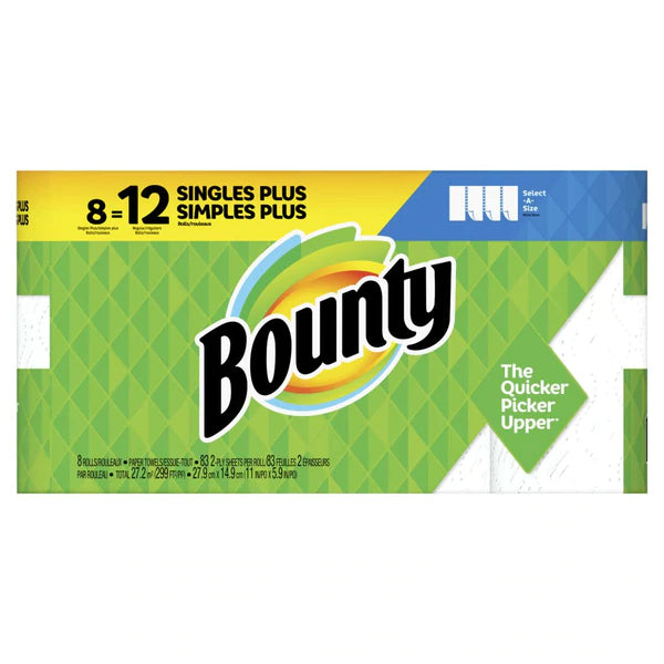 Bounty SAS Paper Towels White 8 Single Plus Rolls = 12reg - 83ct/1pk