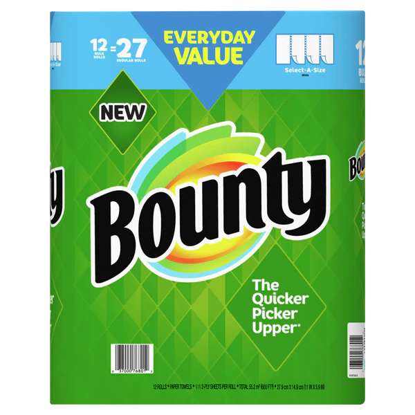 Bounty SAS White Paper Towels 12 = 27 Regular Rolls 111-2ply - 12pk