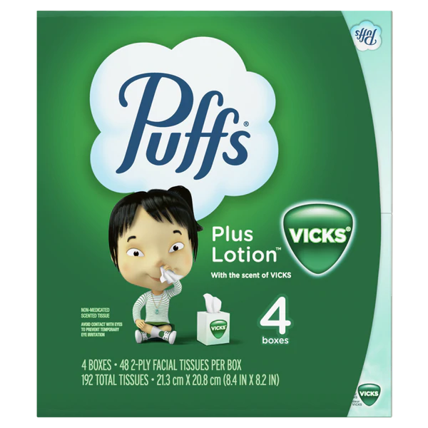 Puffs Plus Lotion with the Scent of Vicks Facial Tissues, 4 Cubes - 48ct/6pk