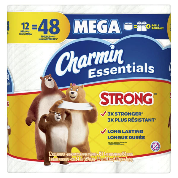 Charmin Essentials Strong Toilet Paper 12 Mega Rolls 451sh 12ct/4pk