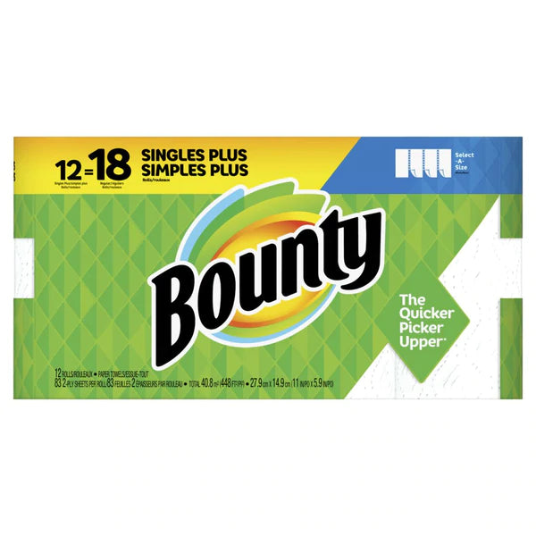 Bounty SAS Paper Towels White 12 Single Plus Rolls=18reg - 83ct/1pk