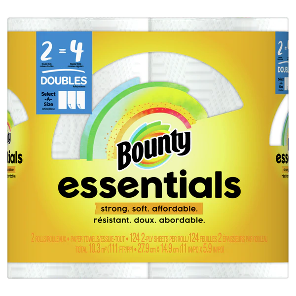 Bounty Essentials Select-A-Size Paper Towels White 2 Double Rolls = 4 Regular Rolls- 2ct/6pk