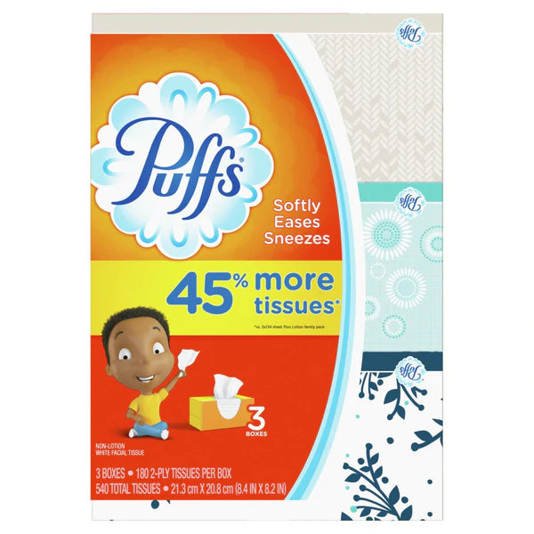 Puffs Everyday Non-Lotion Facial Tissues 3 Family Boxes 180sh - 3ct/8pk