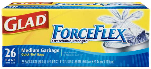 Glad ForceFlex Quick-Tie Medium 8gal 26ct/12pk