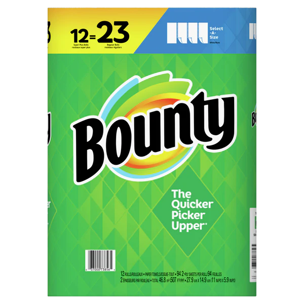 Bounty SAS Paper Towels, White, 12 Super Plus Rolls = 23 Regular Rolls - 12ct/1pk