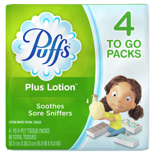 Puffs Plus Lotion Facial Tissues, 4 To-Go Packs - 10ct/24pk