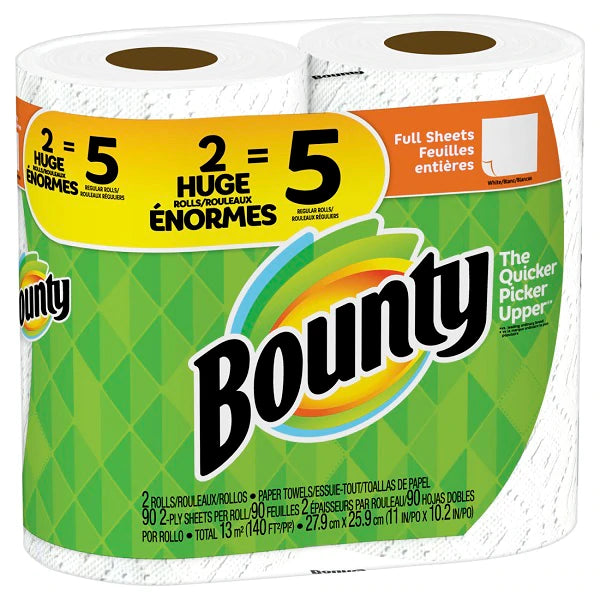 Bounty Paper Towels White 2 Huge Rolls=5 Regular Rolls - 90ct/6pk