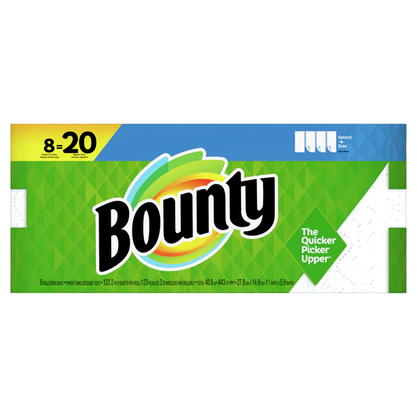 Bounty SAS Paper Towels, White, 8 Double Plus Rolls = 20 Regular Rolls - 8ct/1pk