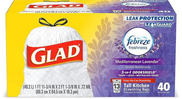 Glad Tall Kitchen Drawstring Lavender Odor Shield 13 gal - 40ct/6pk