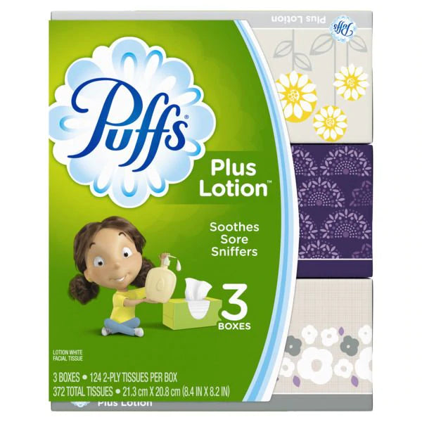 Puffs Plus Lotion Facial Tissues 3 Family Boxes - 124ct/8pk